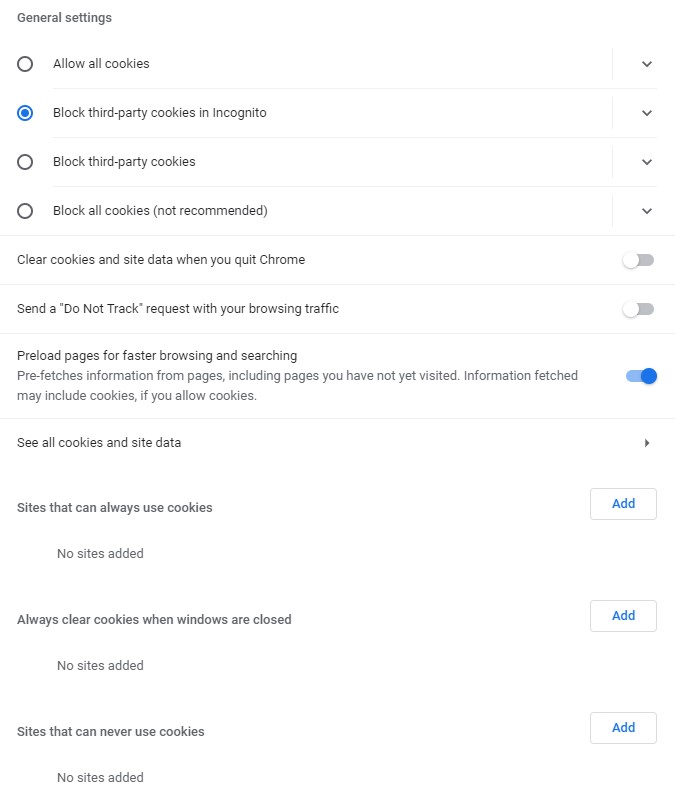 chrome cookies settings